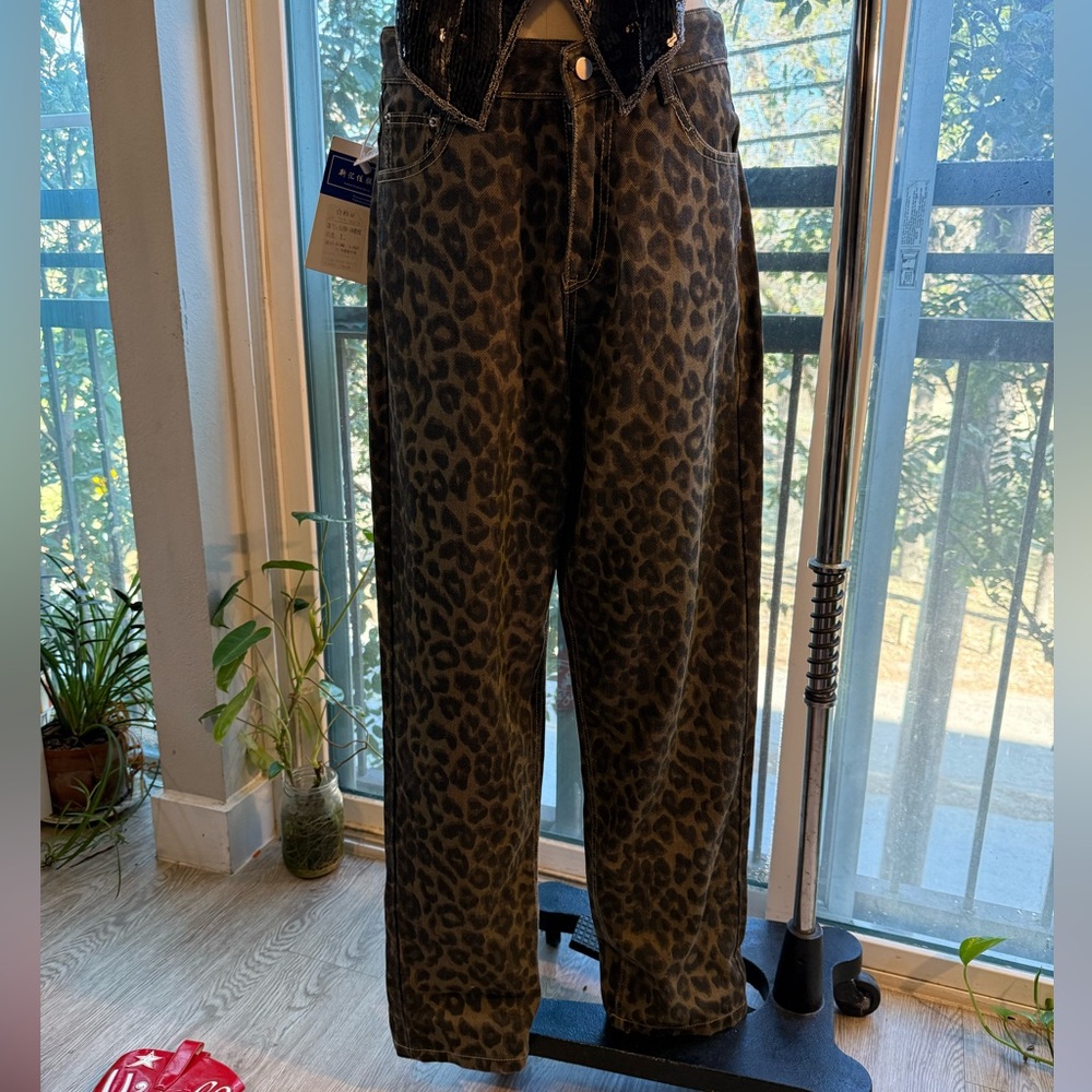 SHAKEAIR Leopard Print Denim Jeans Women's Large 33W Low Rise Balloon